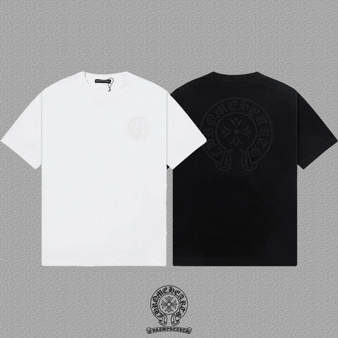 🅿️200 [CH Crow Heart] 2025FW short-sleeved T-shirt, hollow embroidery with arch bridge embroidery, high-end 26s double yarn 300g fabric, heavy fabric, custom stretcher rib, same vat and dye, complete three standards, same style for men and women, color: black, white, size: S M L XL 2XL